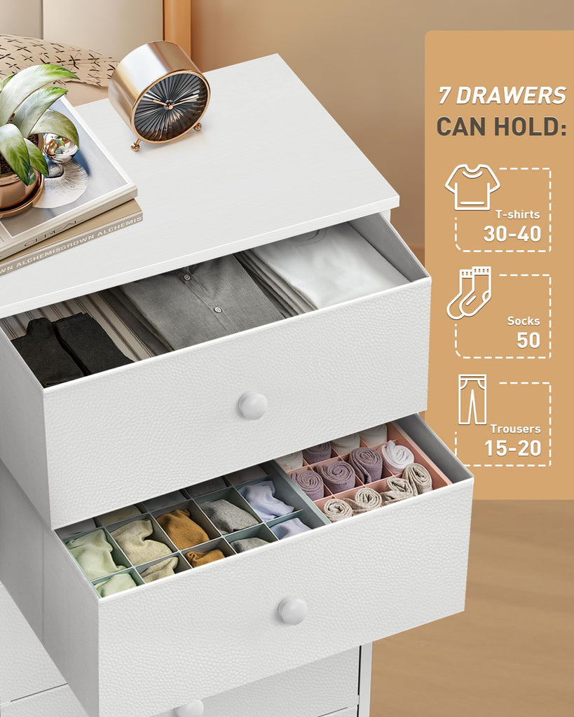 Tall Fabric Dresser, Vertical Storage Organizer Tower with 7 Drawers, Chest of Drawers with Bins, Steel Frame, Wood