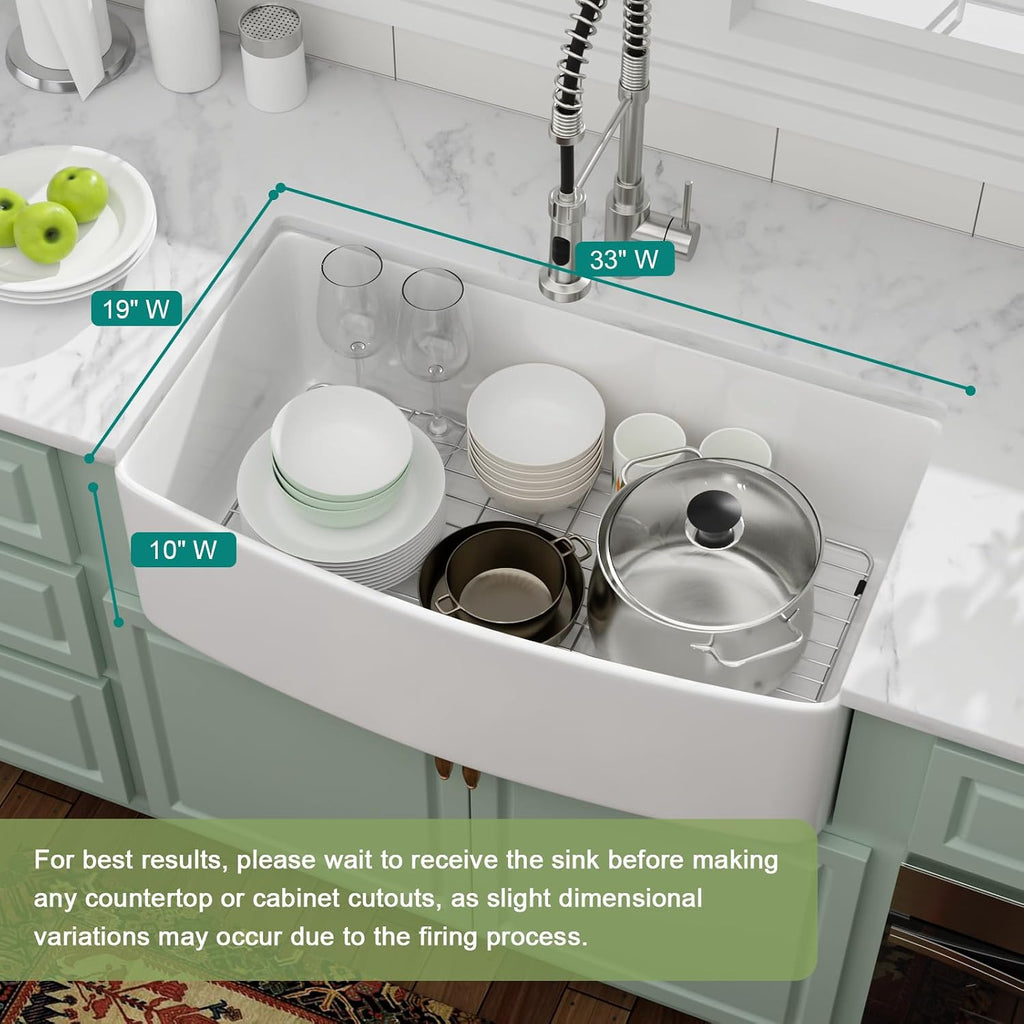 33 Inch Farmhouse Sink White Porcelain Ceramic Apron Front Kitchen Sinks Curved Apron Front Farm Sink Single Bowl