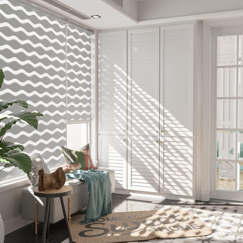 No Drill Cordless Zebra Blinds, 35" W x 48" H, Stone Grey | Dual Layer Light Control Roller Shades, Light Filtering