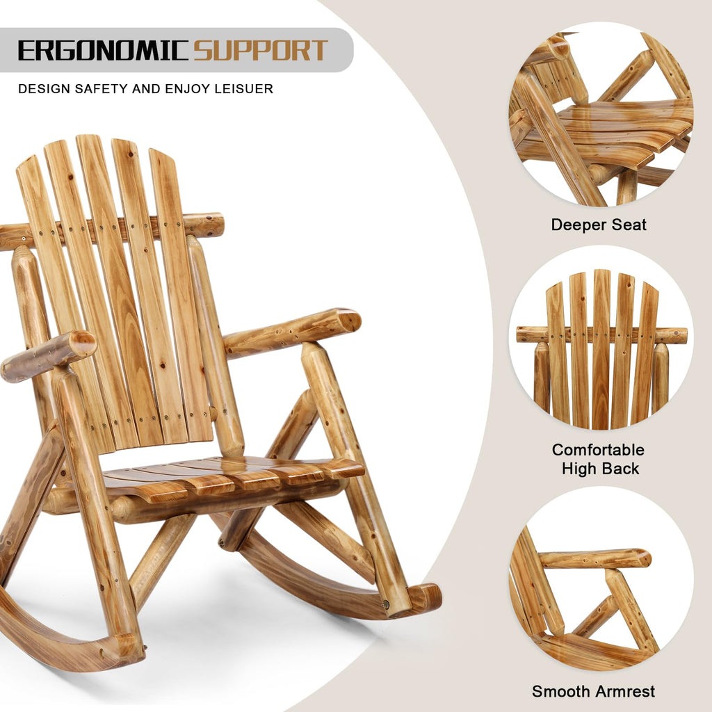 Wooden Rocking Chair, Fir Log Adirondack Rocker, Outdoor Wood Accent Furniture Lounge Chairs for Garden Patio