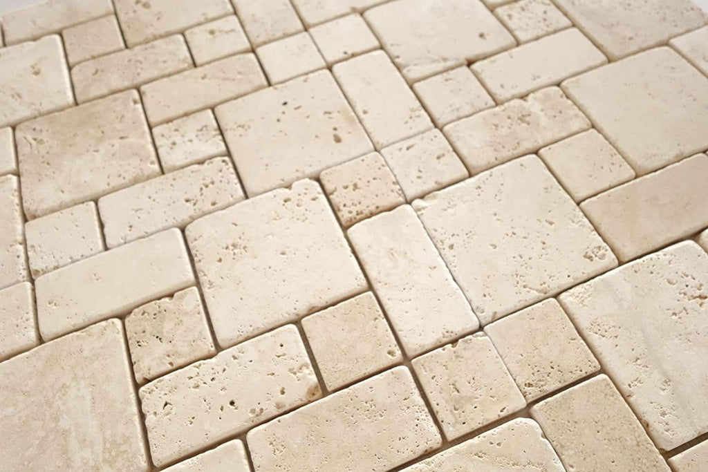 Ivory/Beige Travertine Tumbled 3-Pieced Mini-Pattern Mosaic Tile -5 Sheets