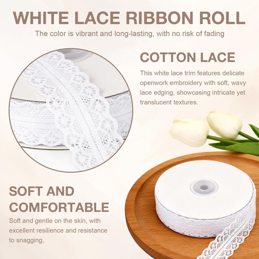 50 Yards White Lace Trim Ribbon Roll, Vintage Crochet Lace for Gift Wrapping, Sewing & Craft Projects, Bridal Wedding