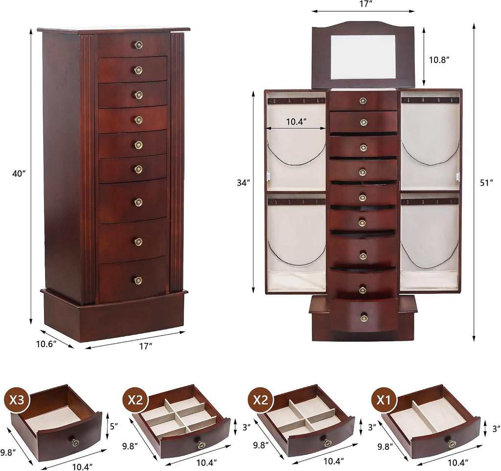 8 Drawers Jewelry Armoire, Standing Jewelry Box with Top Flip Makeup Mirror, Wood Jewelry Cabinet with Side Swing
