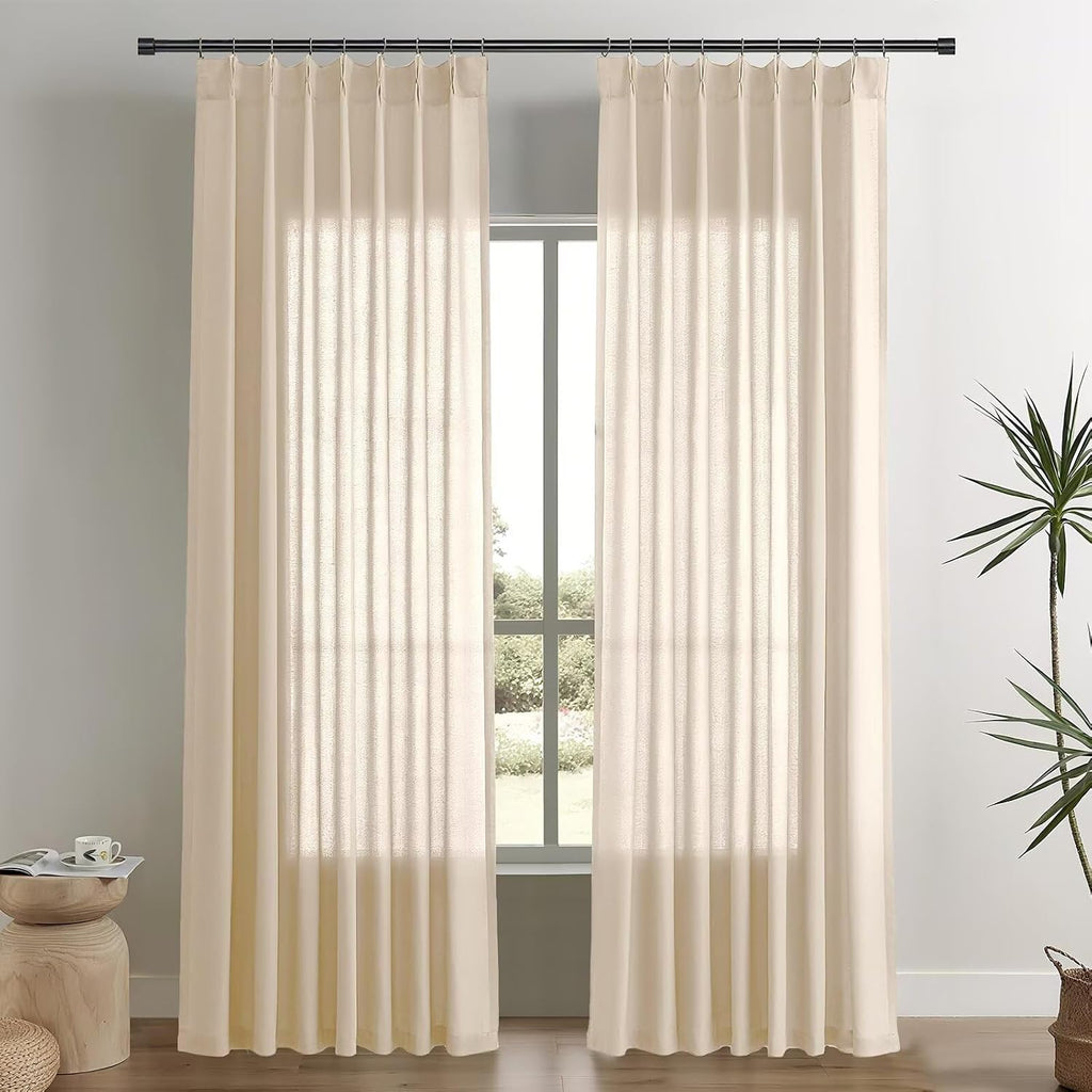 Natural Linen Pinch Pleat Curtains 102 Inch Long 2 Panel Set,Semi Sheer Curtain,Back Tab Light Filtering Drapes with