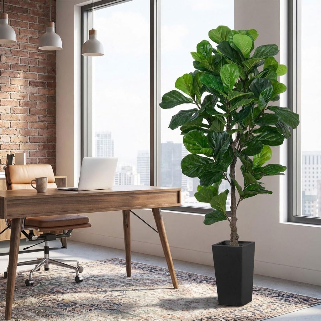 6ft Artificial Fiddle Leaf Fig Tree Decor, 6 ft Large Faux Plant Fake Ficus lyrata Silk Trees with Pot Outdoor House