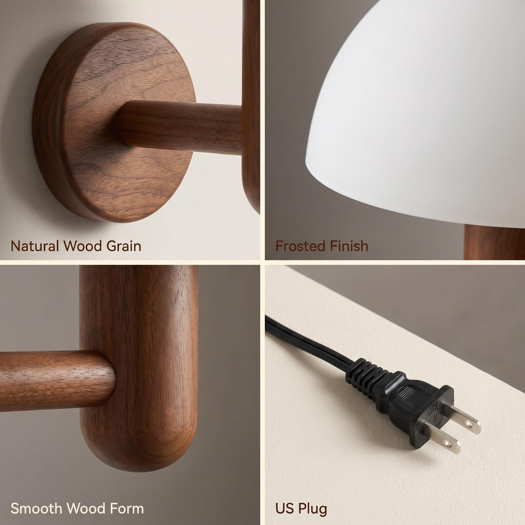 Renter Friendly Plug in Modern Wall Sconce Mid Century with White Milk Shade Rustic Wood Wall Mount Light Hardwired