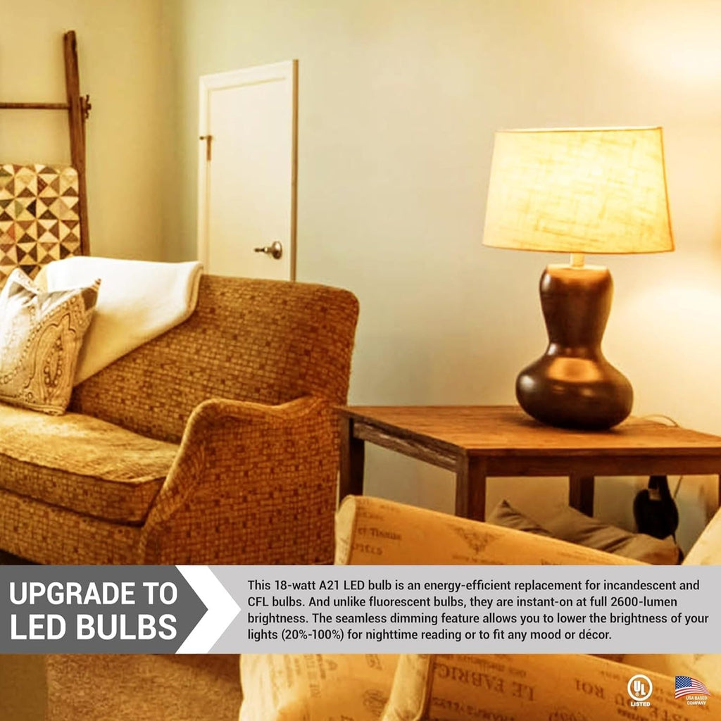 A21 LED Light Bulb 18W (150W Equivalent) Energy Efficient E26 Standard Medium Base 2600 High Lumen 11,000-Hour