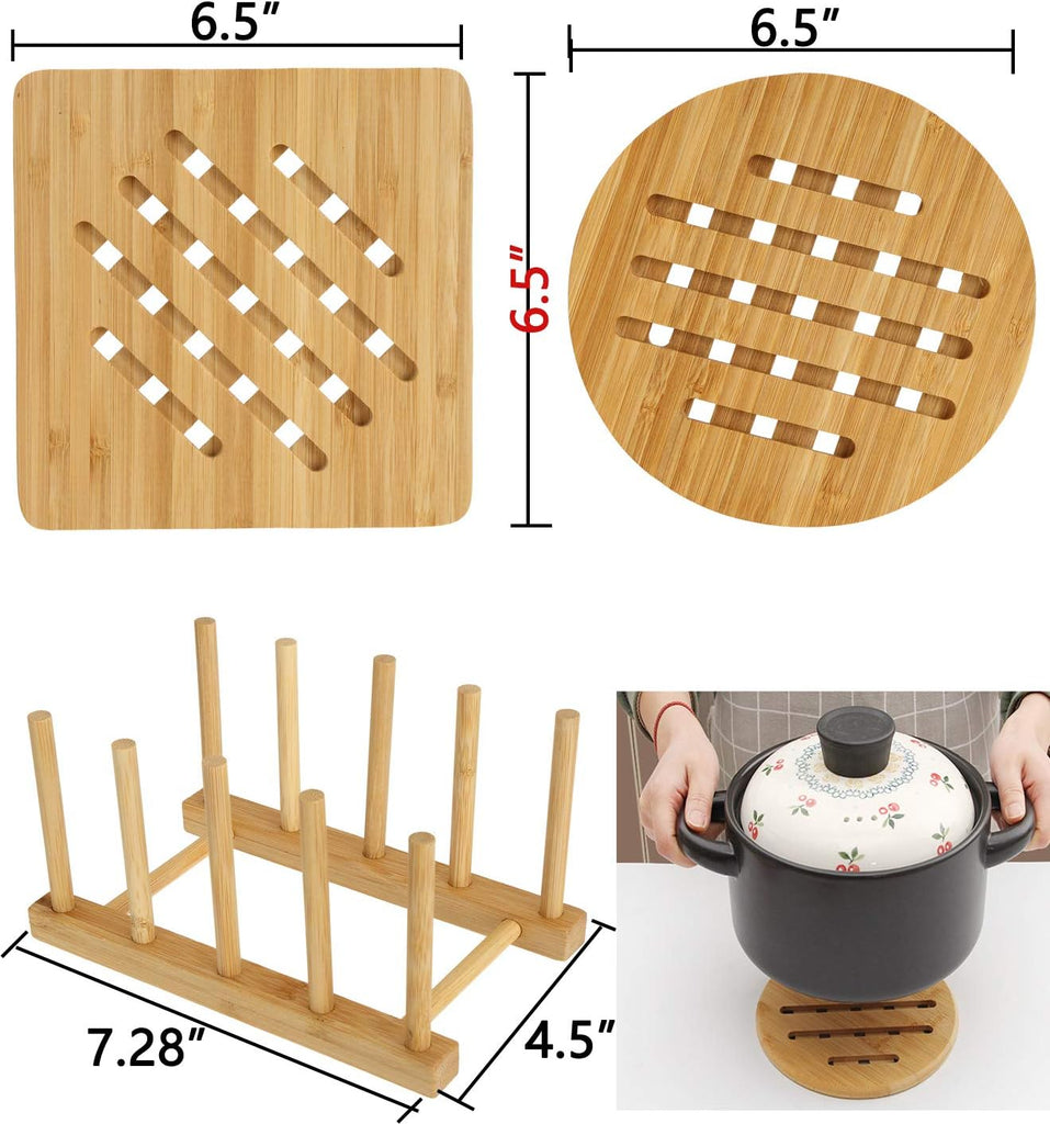 Bamboo Trivets with Dish Rack - Bamboo Trivet Mat Hot Pads Trivet for Hot Dishes, Pot, Bowl, Teapot - Set of 8