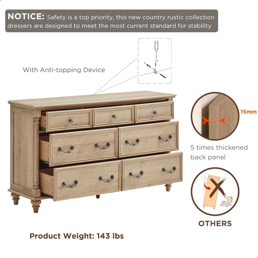 Farmhouse 7-Drawer Dresser with Solid Wood Feet, Natural Oak