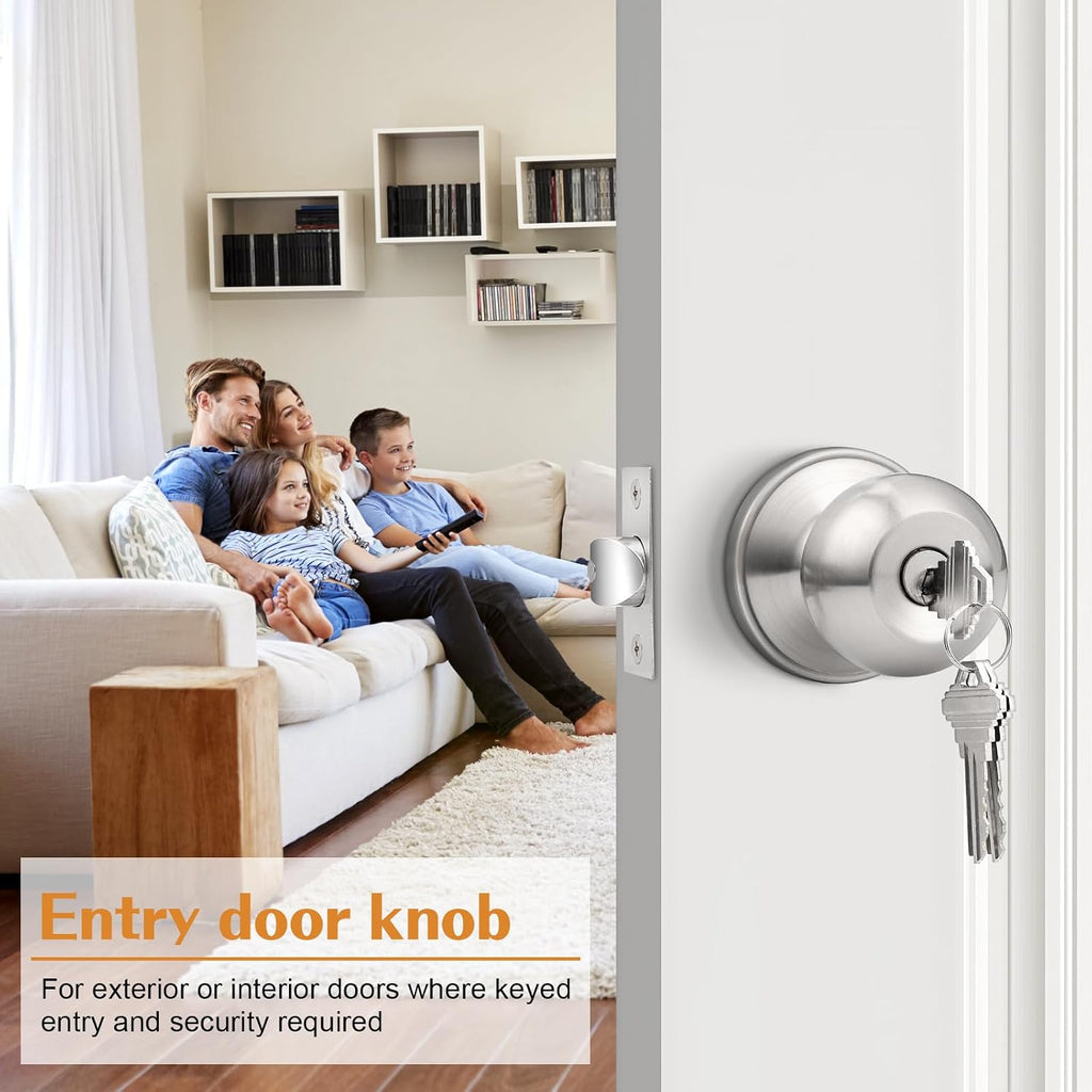 2 Pack Keyed Alike Entry Door Knobs with Lock and Key Ball Door Knob Handles Entrance Door Lockset Brushed Nickel