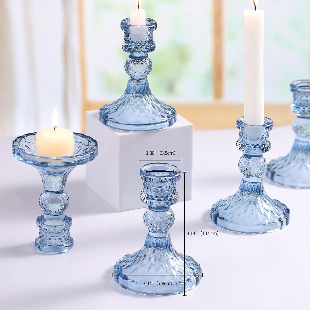 Glass Candle Holder Set of 12, Blue Taper Candle Holders Bulk, Vintage Candlestick Holders, Candle Stick Holder for