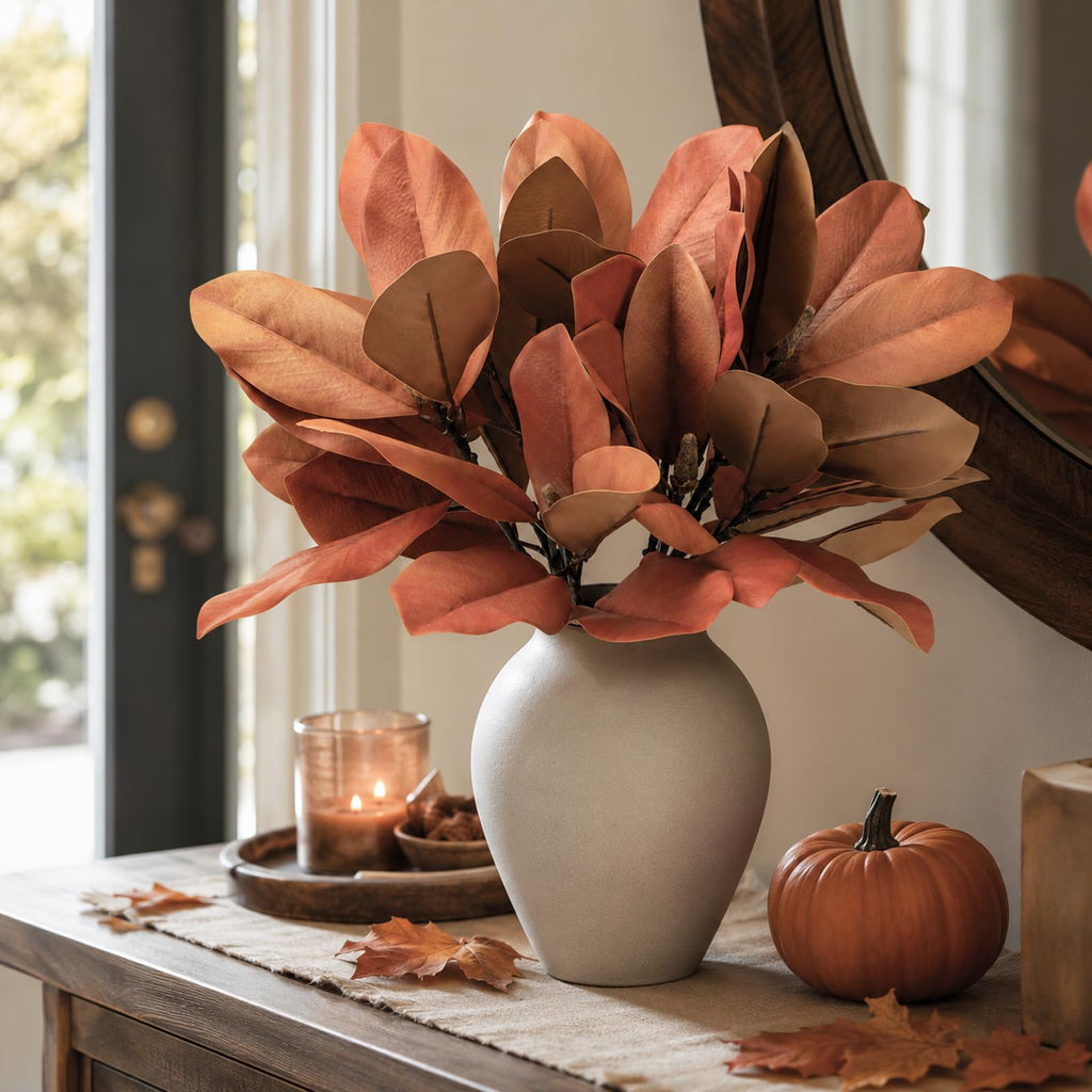 4 Pcs Fall Magnolia Silk Leaves Branches 25.6 Inch 3D Real Touch Autumn Faux Magnolia Stems Fake Orange Leaves Twigs