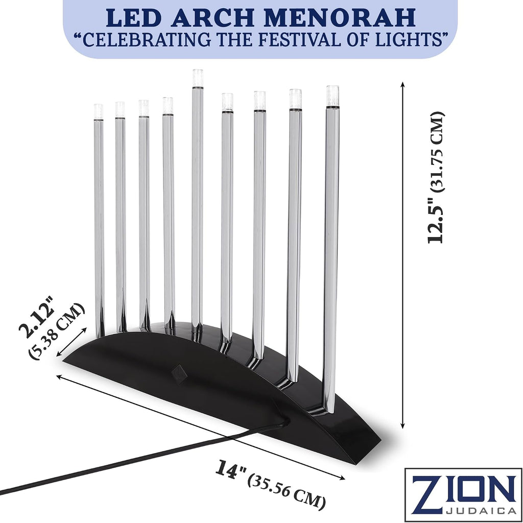 Zion Judaica Large LED Electric Hanukkah - New Classic Black & Silver Arch Style Hanukkiah 14" Wide x 12.5" Tall