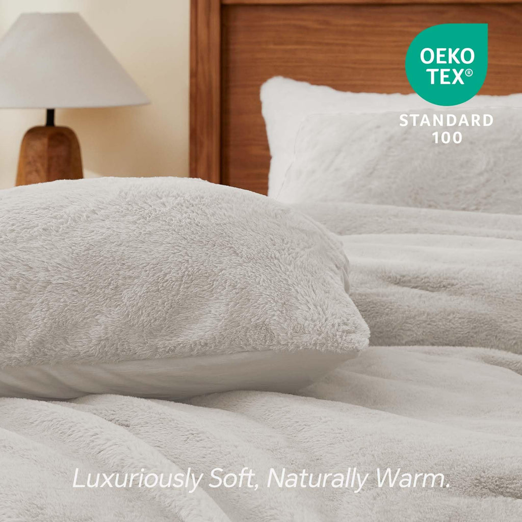 Faux Fur Comforter Set Linen, Warm Bedding with 2 Pilowcases