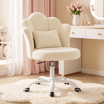 Oatmeal Vanity Chair with Wheels, Petal Velvet Armless Desk Chair