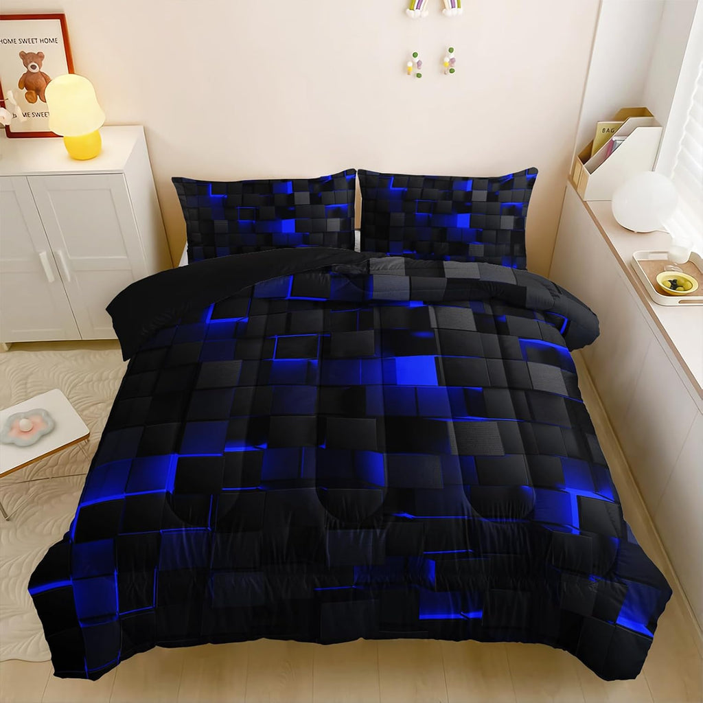 Neon Blue Black Comforter Set Full Geometric Kids Bedding Set,3 PCS Geometry Honeycomb Bed Set Modern Quilt Set 1