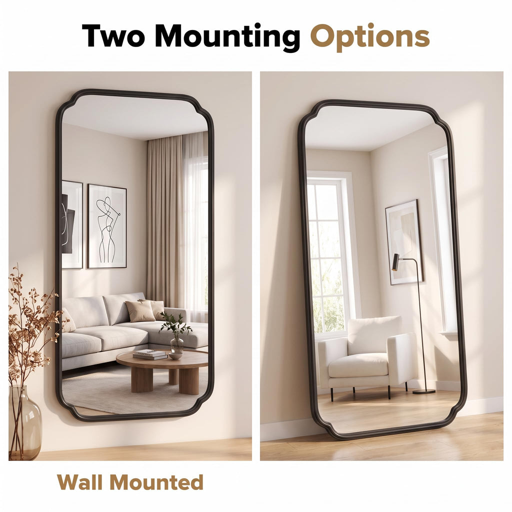 36x60 Matte Black Scalloped Bathroom Mirror Rounded Rectangle Frame,Full Length Mirror Size, Ideal for Large