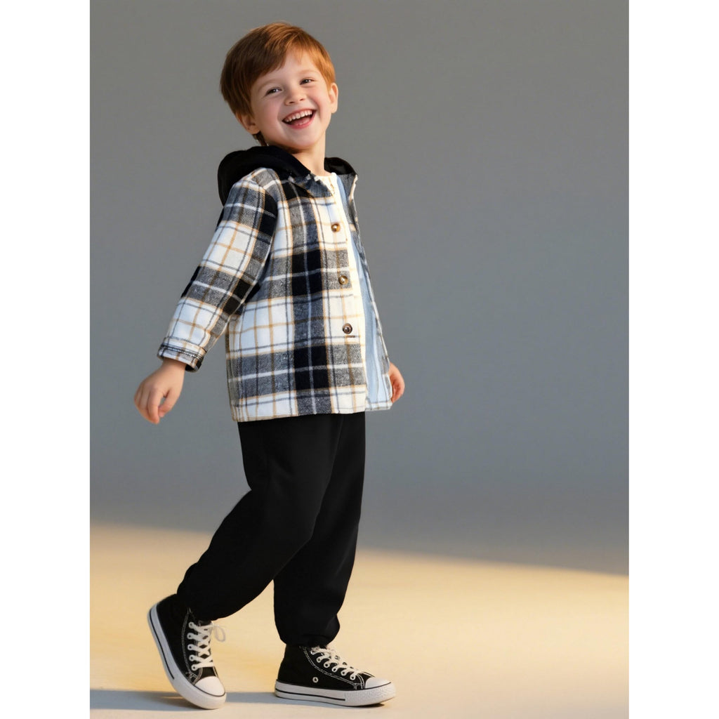 Toddler Boys Outfits Plaid Hooded Sweatshirt & Casual Pants 2PCS Boys Fall Winter Clothes Set