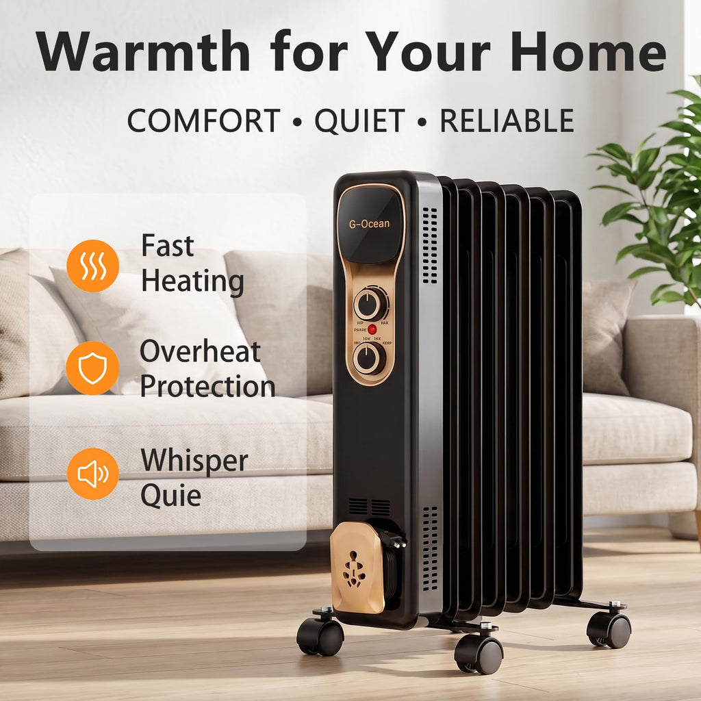 Oil Filled Radiator Heater,1500W,Manual Knob,Silent Heating