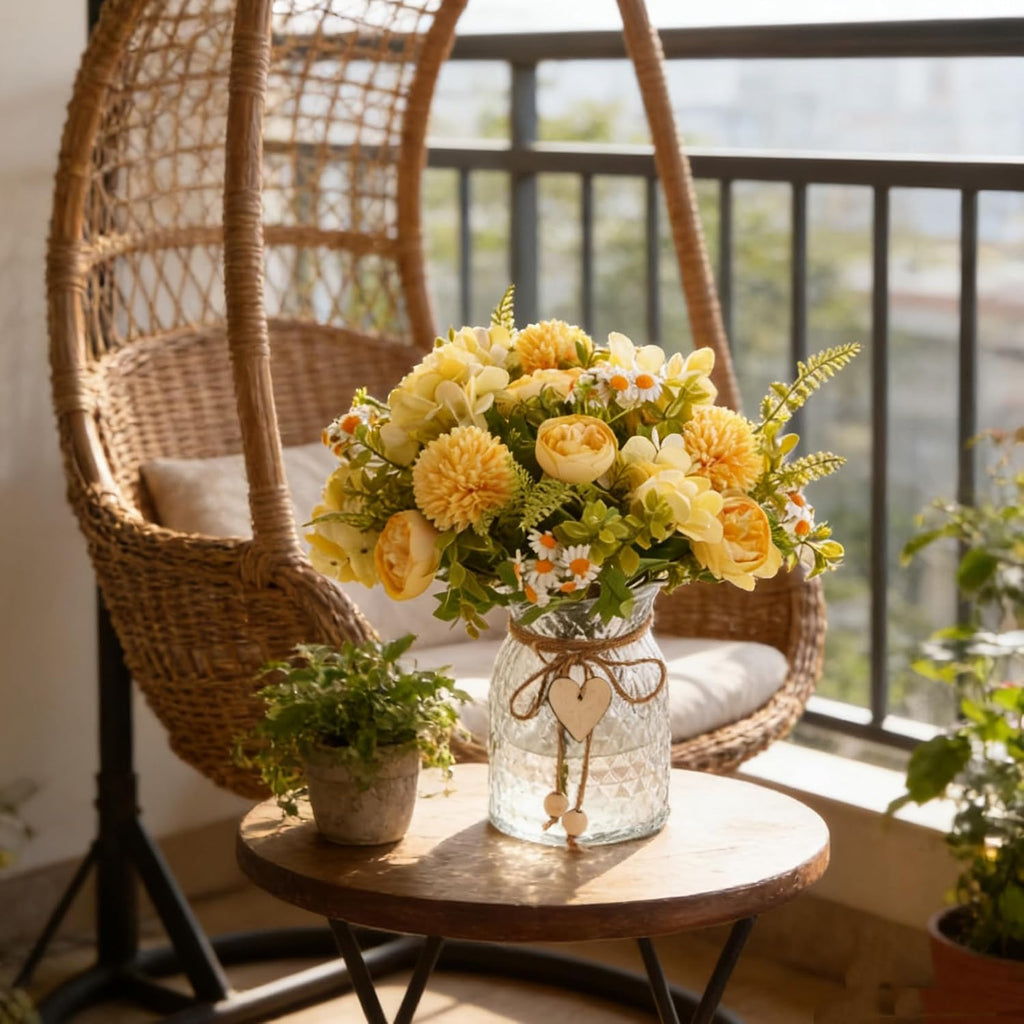 Faux Flowers with Vase,Artificial Silk Peony in Vases Fake Flower Hydrangeas Arrangement for Dining Table Home Office