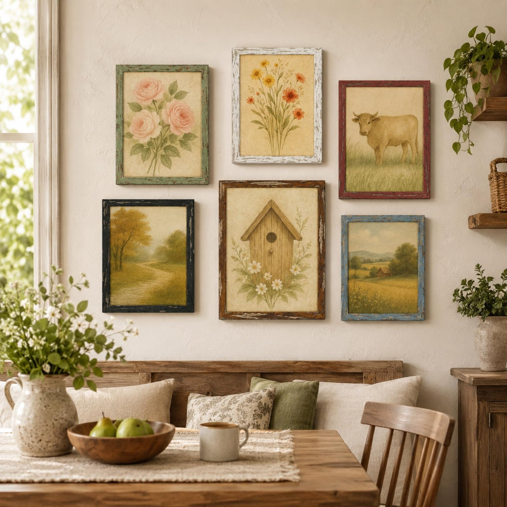 8x10 Rustic Farmhouse Picture Frames with Vintage Prints, Set of 4