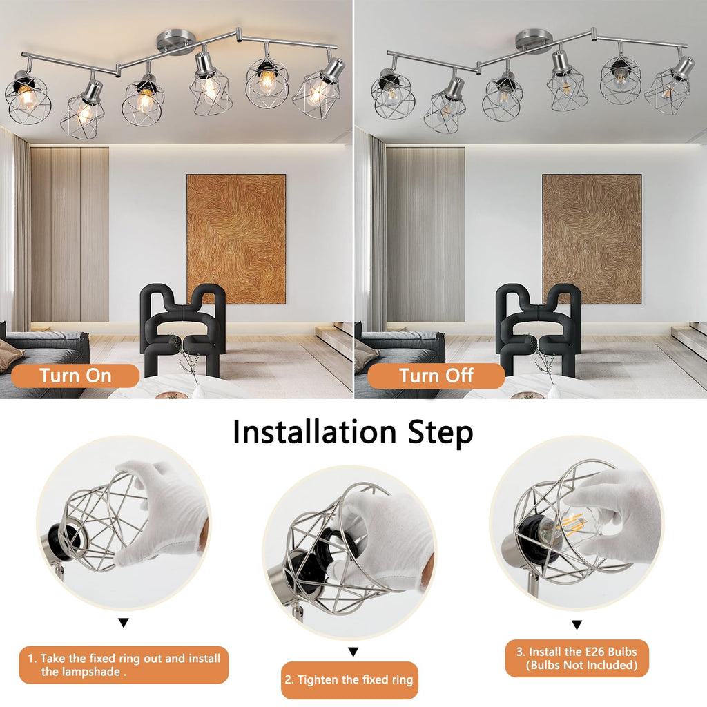 Track Lighting Fixtures, 6-Light Brushed Nickel Flush Mount Track Light Ceiling, 6 Way Spot Light Kitchen Light
