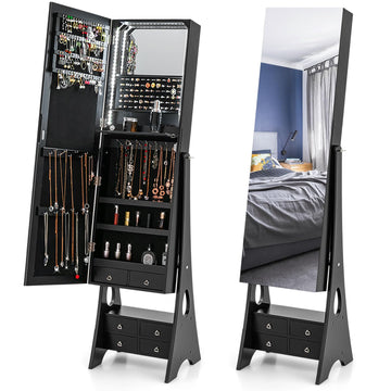 Jewelry Cabinet with Full Length Mirror & LED Light Strip, Black