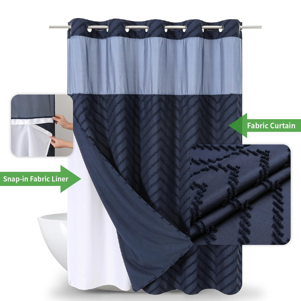 Extra Long No Hook Tufted Chevron Striped Shower Curtain with Snap-in Fabric Liner set-71Wx86H(84H), Navy Blue Hotel