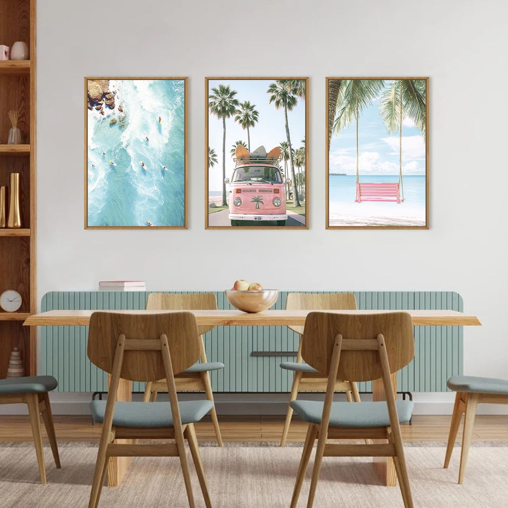 Large Summer Beach Surfing Scene Framed Canvas Wall Art Set, Coastal Pink Van and Surfboards Wall Decor, Trendy Beach