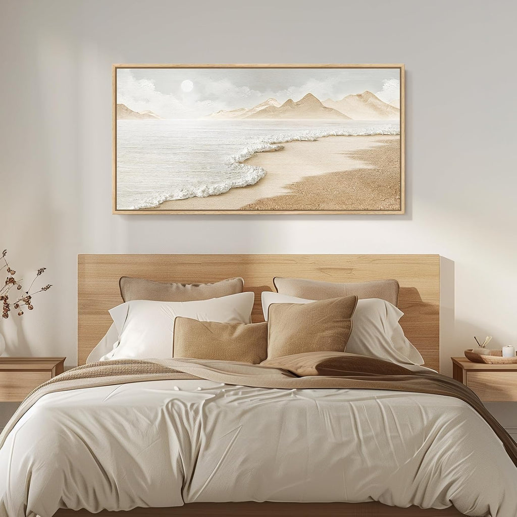 Framed Boho Beach Coastal Wall Art , Large Neutral Ocean Canvas Artworks for Walls, Horizontal Abstract Minimalist
