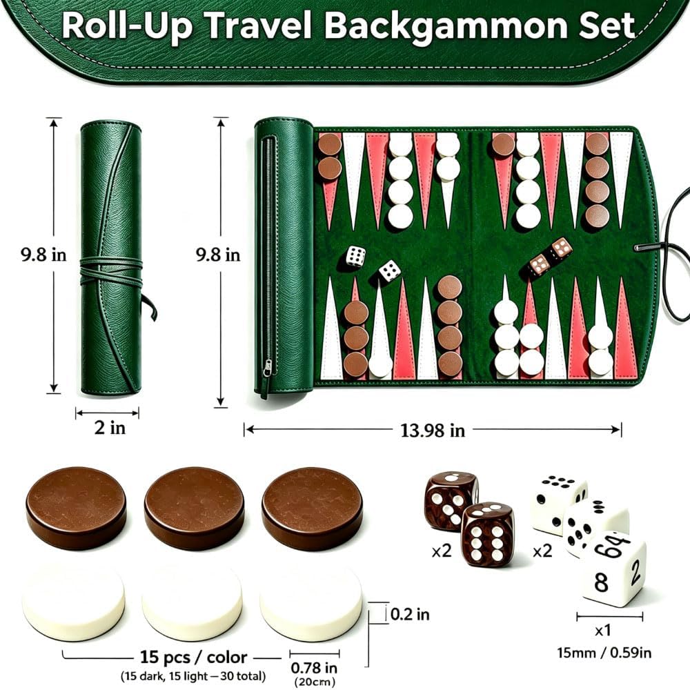 Travel Backgammon Set for Adults,Roll-up Game w/Camping Backpacking Trips