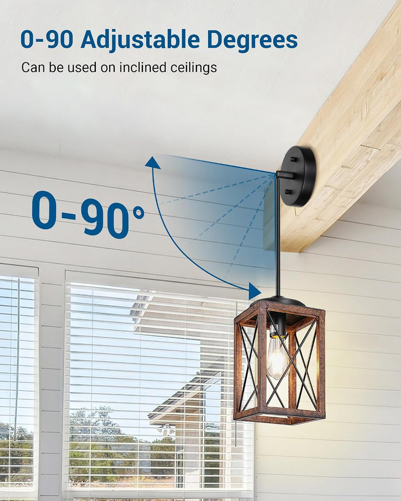 2 Pack Farmhouse Pendant Light, Metal Hanging Light Fixture with Wooden Grain Finish, 48 Inch Adjustable Pipes for