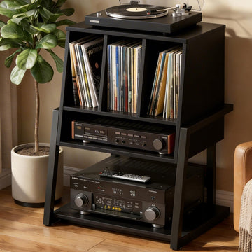Record Player Stand with Power Outlet, Black