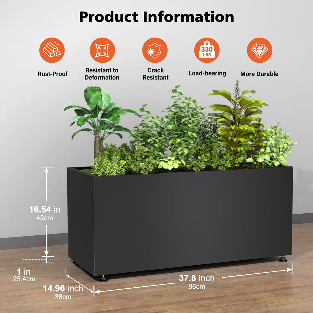 Metal Planter Box Outdoor Rectangular Steel Planter, Easy Assemble 38inBlack