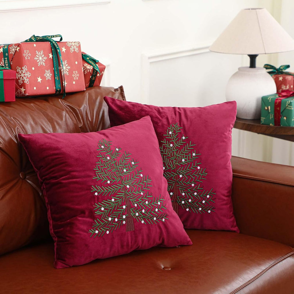 Burgundy Christmas Decoration Pillow Covers 18 X18 Inch Christmas Tree Decorative Red Velvet Embroidery - Set of 2