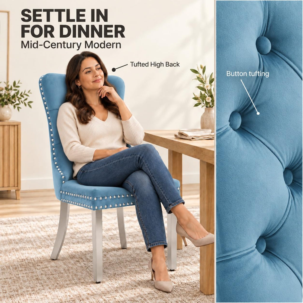 Luxury Upholstered Dining Chairs Set of 4, Light Blue Kitchen Chair with Silver Metal Legs, Velvet Tufted Back Dining
