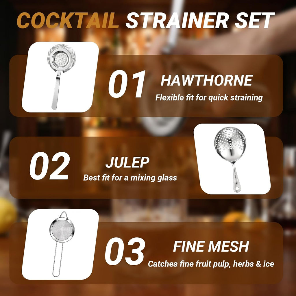 Cocktail Strainer Set, 3 Pack, Includes Hawthorne, Julep & Cone Shaped Fine Mesh Strainer, 304 Stainless Steel Bar - Set of 3