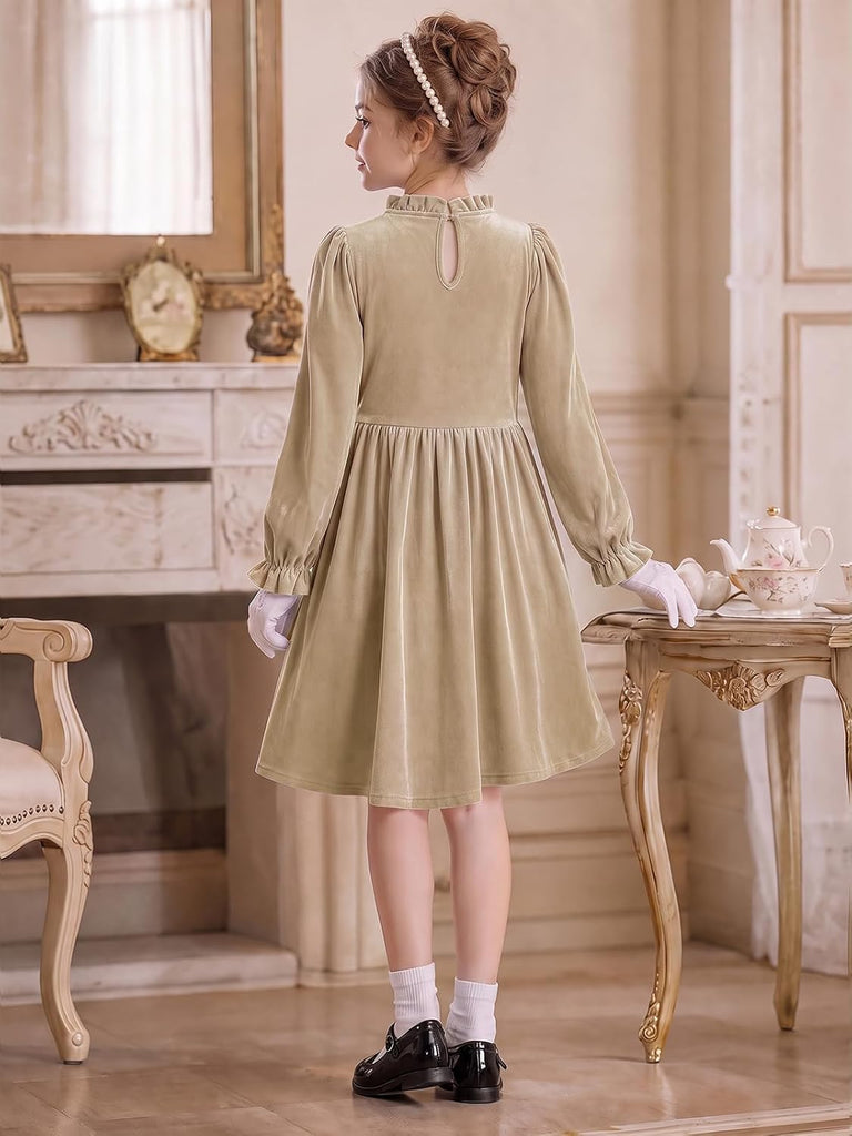 Girls Velvet Long Sleeve Dress Ruffled A-Line Party Dresses