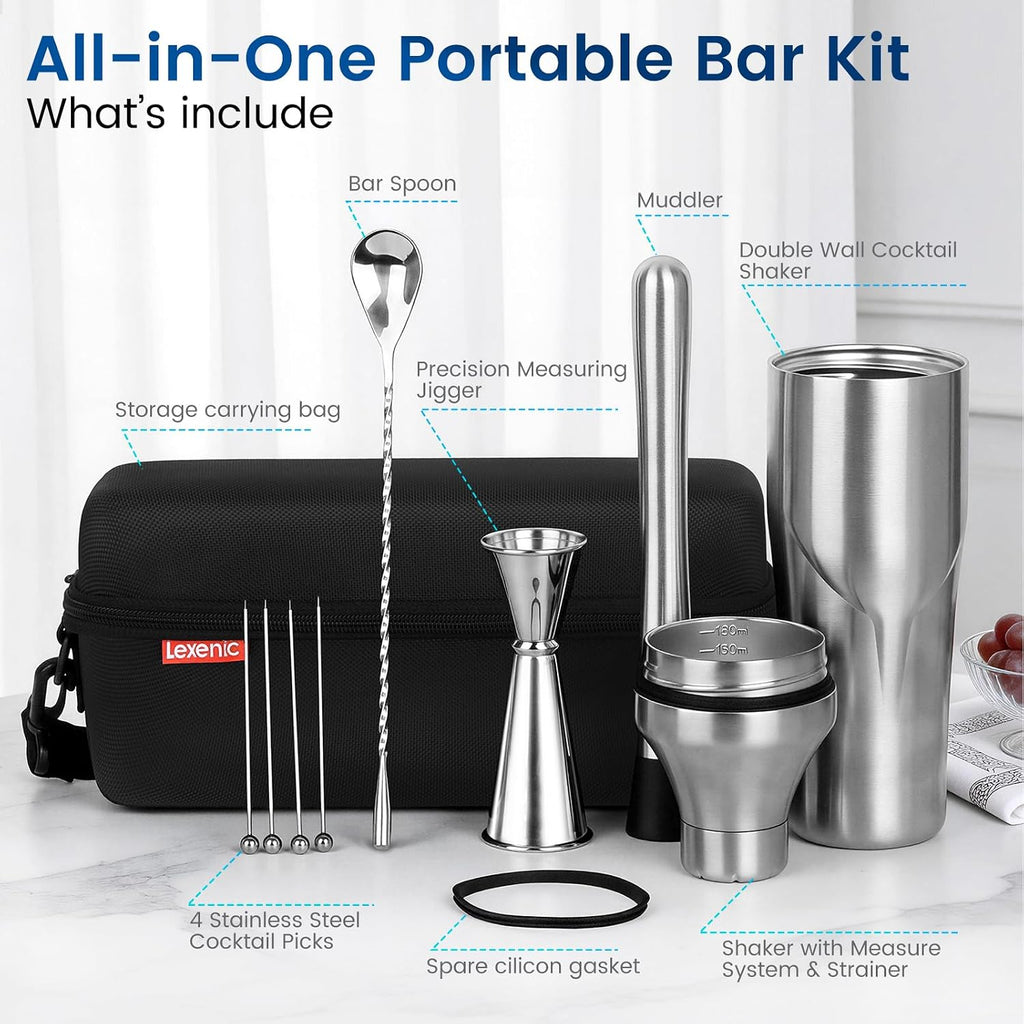 Portable Double Wall Cocktail Shaker Set - Set of 9