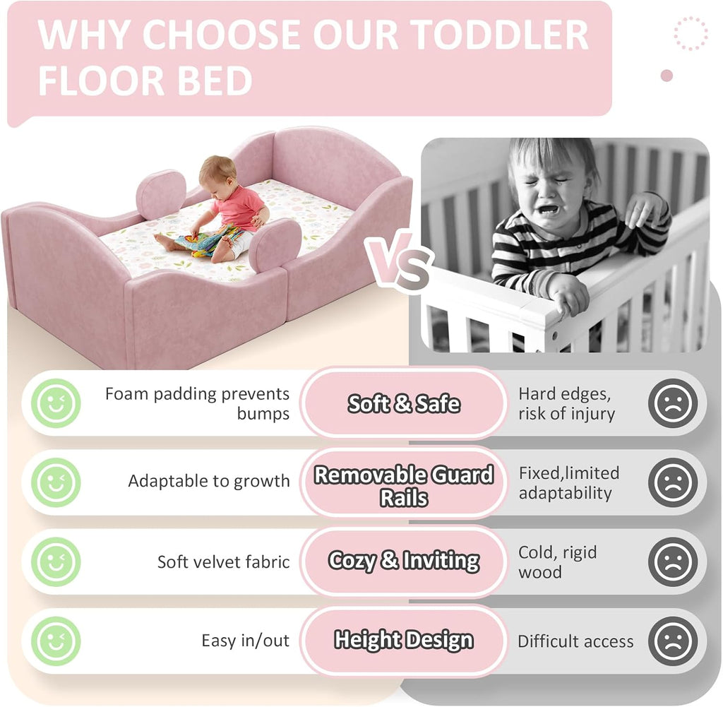 Toddler Bed, Toddler Floor Bed with Removable Safety Rails, Pink