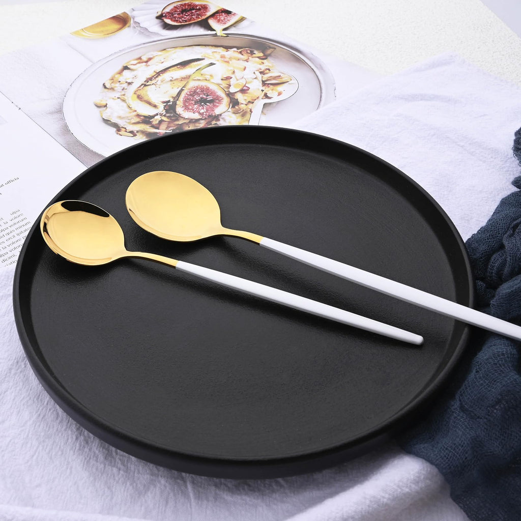 Mirror Silverware Set, 24-Piece 18/0 Stainless Steel Flatware Set For 6, Gold and White Color Forks Spoons Knives