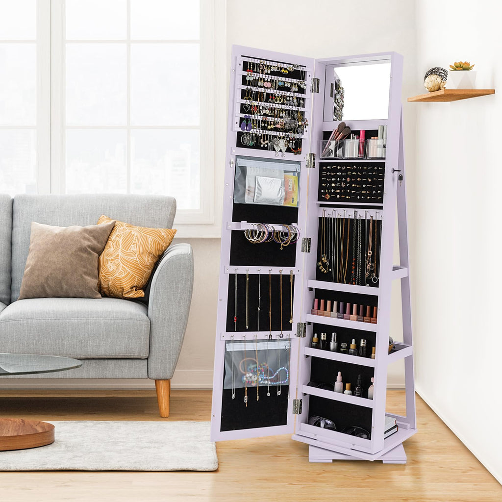 360 Rotating Jewelry Armoire Cabinet, Standing Jewelry Organizer w/Full-Length Mirror & Large Storage Space, Lockable