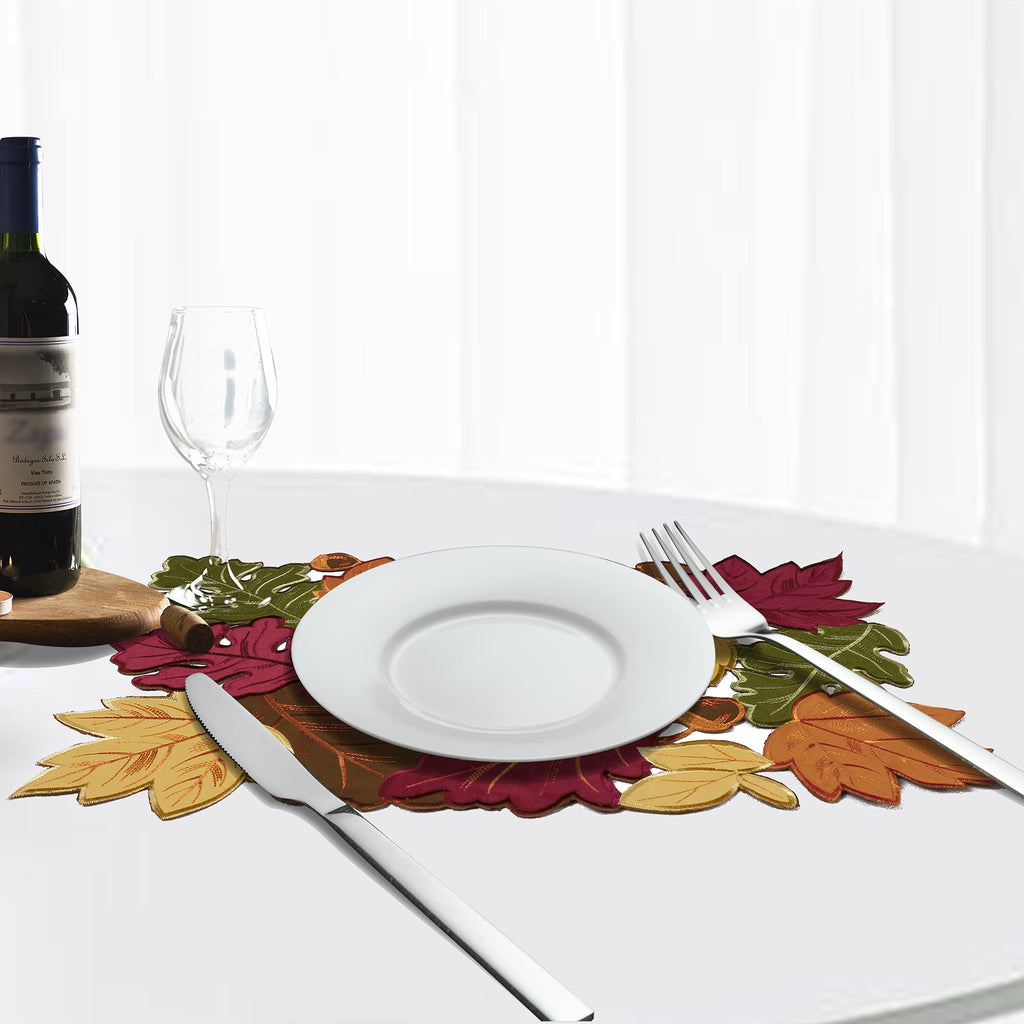 4 PCS Thanksgiving Placemats for Dining Table, 13 x 19 Inch Set of 4 Embroidered Maple Leaves Table mats for Fall