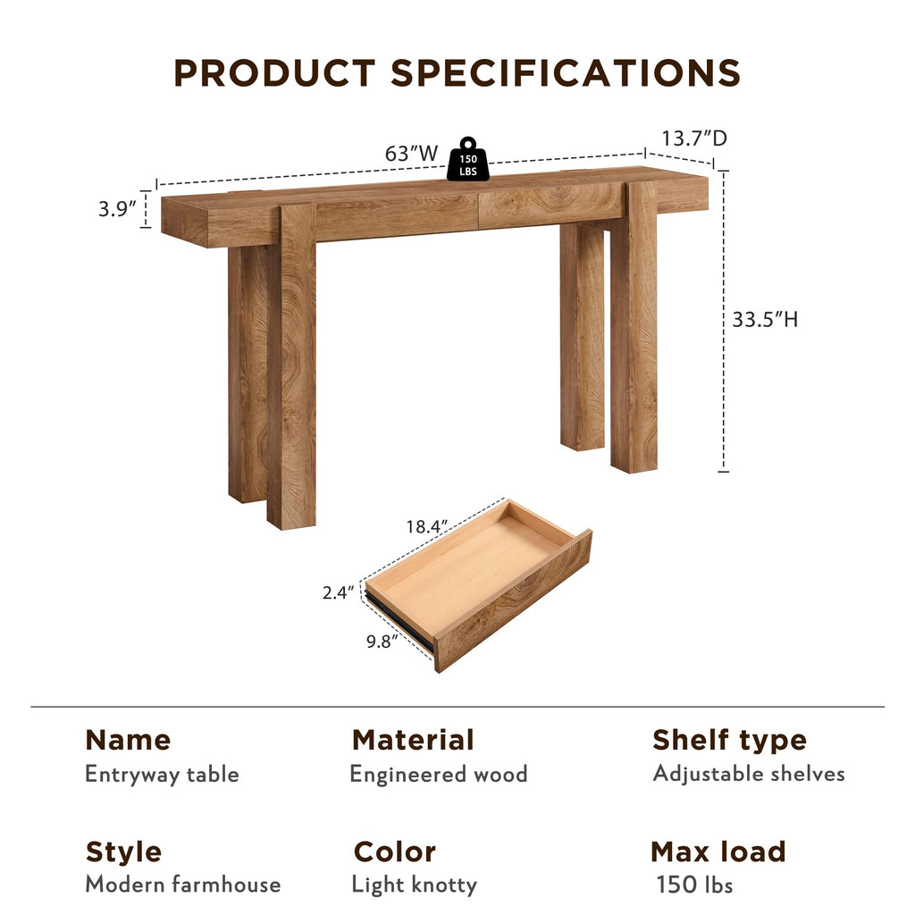 63" Modern Farmhouse Entryway Table with 2 Drawers, Light Knotty