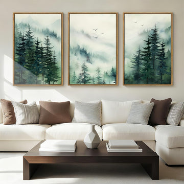 Large Foggy Forest Wall Art Decor Framed Abstract Misty Mountain Artwork Prints Bedroom Office 16x24 Inch Set of 3