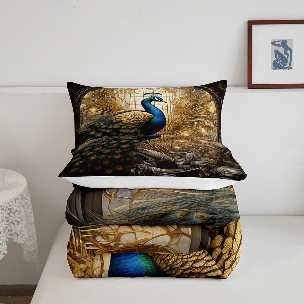 Peacock Comforter Set Exotic Birds Animal Bedding Queen, Elegant Gorgeous Golden Feather Bedding Comforter Sets