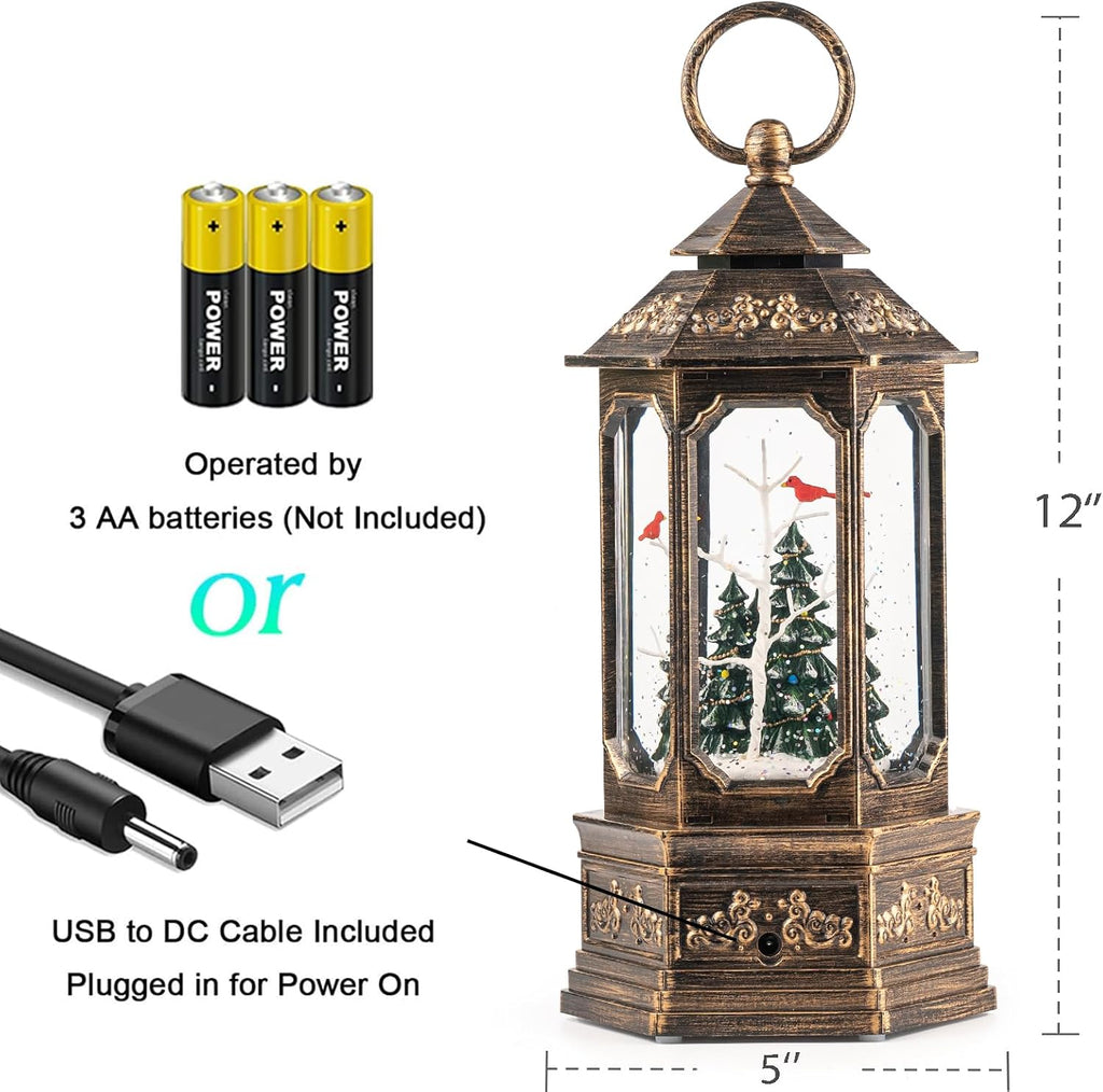 Christmas Snow Globe Lantern with Christmas Tree, Musical Glitter Snow Globes Water Lantern, USB and Battery Powered