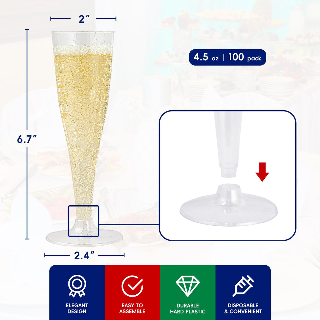 4.5 oz Plastic Champagne Flutes Disposable Clear 100 Pack