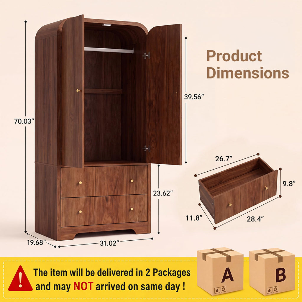 Arched Armoire Wardrobe Closet, 70" Wooden Wardrobe Cabinet with 2 Drawers, Hanging Rod, 2 Doors Clothing Storage