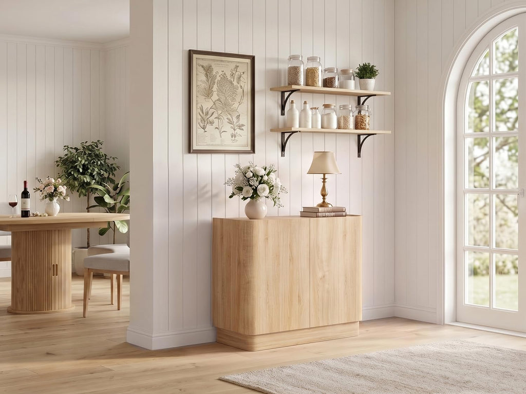 Sideboard Buffet Cabinet with Storage, 31'' Natural Oak Wood Buffet with Adjustable Shelves & 210° Wide-Opening